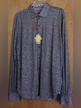 NWT Luchiano Visconti Blue Multicolor Pixel Grid Shirt XL Long Sleeve Hamsa Hand